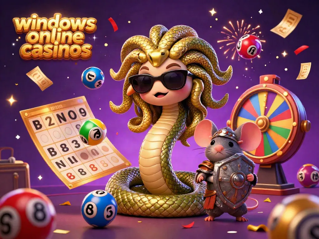 Experience excitement in windows online casinos with a cheerful Medusa and a warrior mouse amidst vibrant game elements.