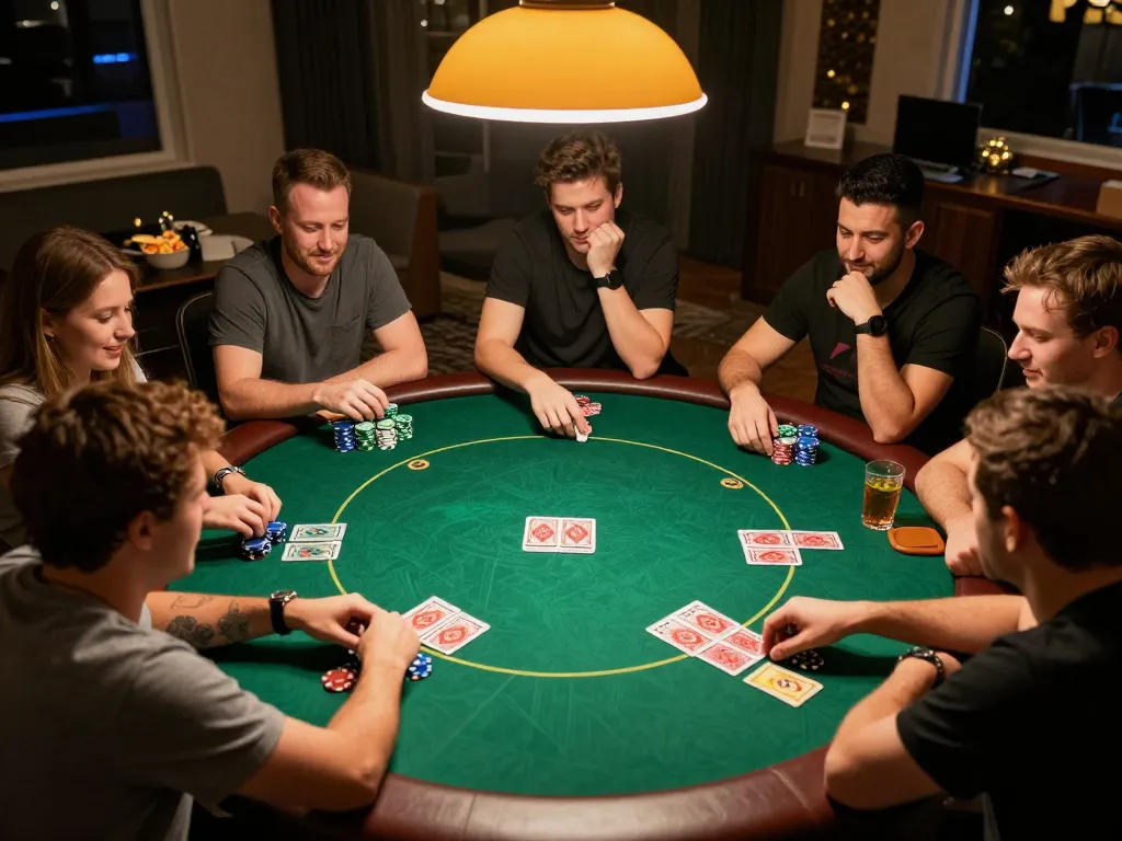 Players engage in an intense Texas Hold'em game at home in the GO88 poker night atmosphere
