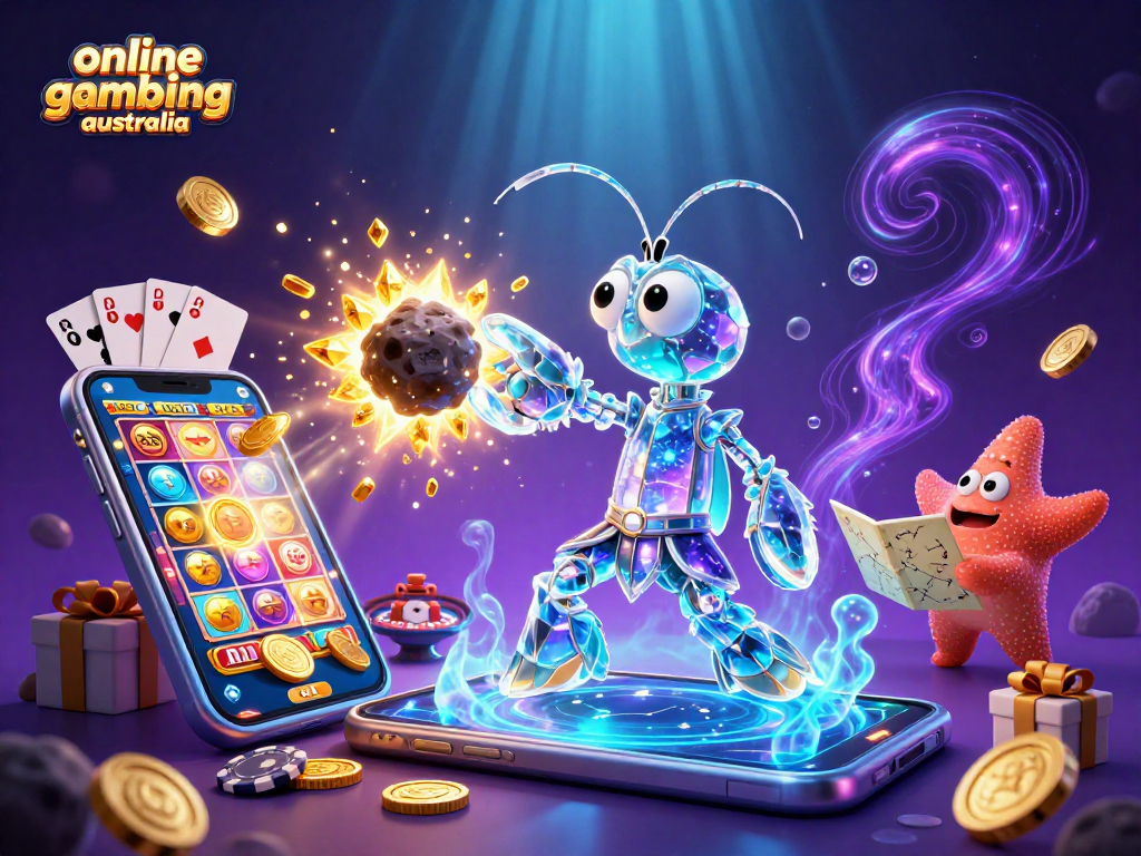 Engage in thrilling online gambling australia with vibrant pokies and casino elements in an exciting illustration.