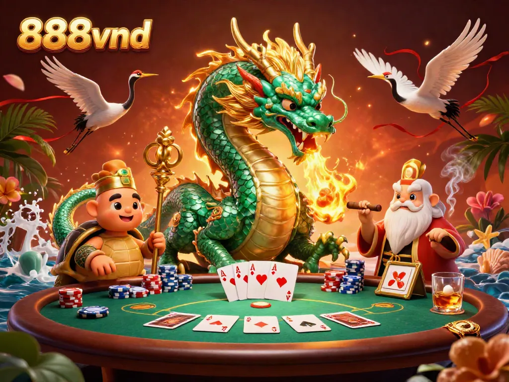 Experience the thrill of 888vnd with a dynamic scene of a jade dragon and poker elements.