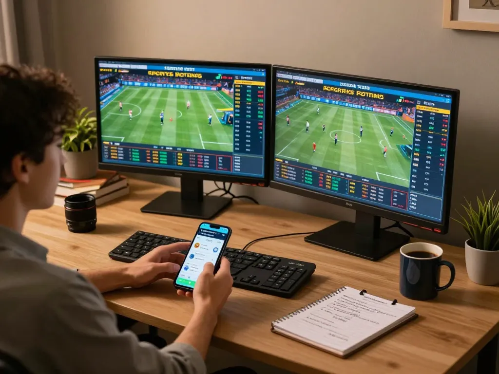 Soi kèo analysis in action at a home betting setup with live sports on screens.