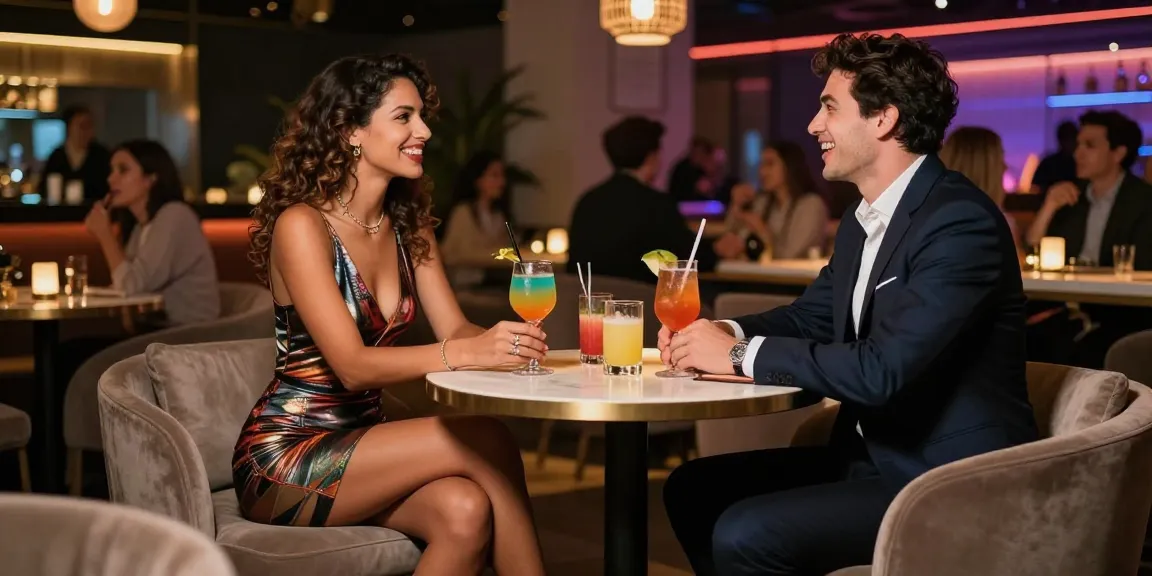 Sefaköy Escort enjoying a stylish evening in a vibrant city lounge with cocktails and ambient lighting.