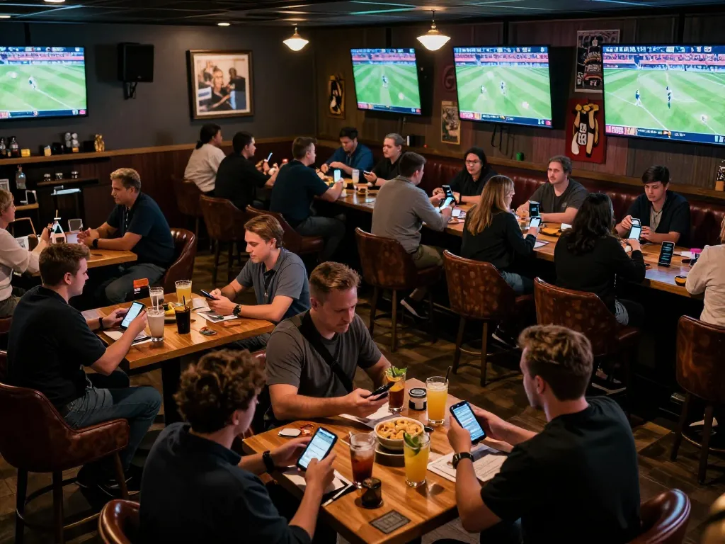 Engaging sports betting scene with patrons placing เดิมพันสูงต่ำ bets at a lively bar