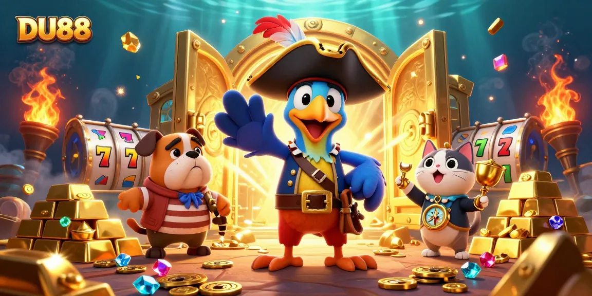 Engage in thrilling adventures with DU88 at this vibrant casino scene featuring pirates and treasures.