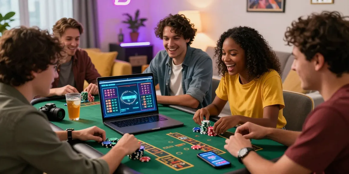 Exciting scene of friends in a gaming environment at credit card casinos UK, playing online with neon lights, chips, and laptops.