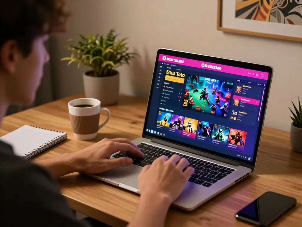 Terlibat dalam taruhan situs toto di laptop, antarmuka yang menarik ditampilkan untuk pengalaman permainan online yang imersif