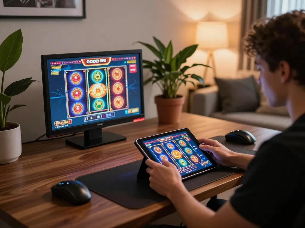 Engaged player using god55 app on tablet in cozy home environment to enjoy casino gaming.