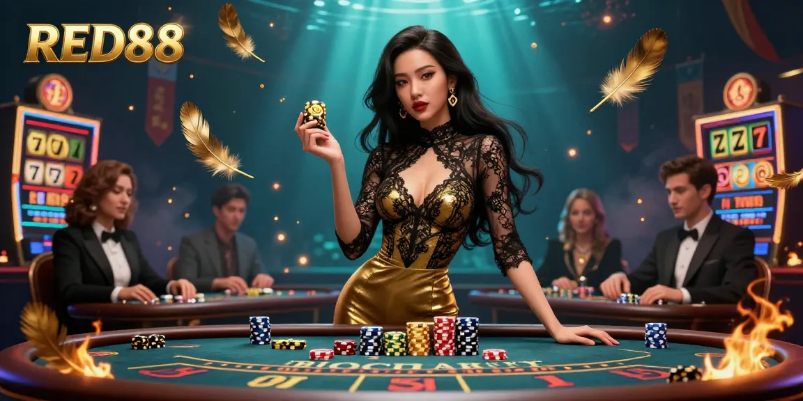 Experience the thrill of RED88 with a glamorous Asian woman at a VIP baccarat table, high-value chips in hand.