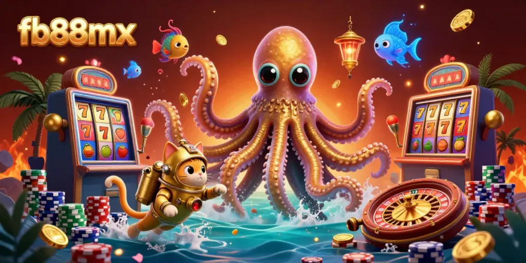 Engage with fb88mx's thrilling casino scenes featuring a majestic kraken and vibrant game elements.