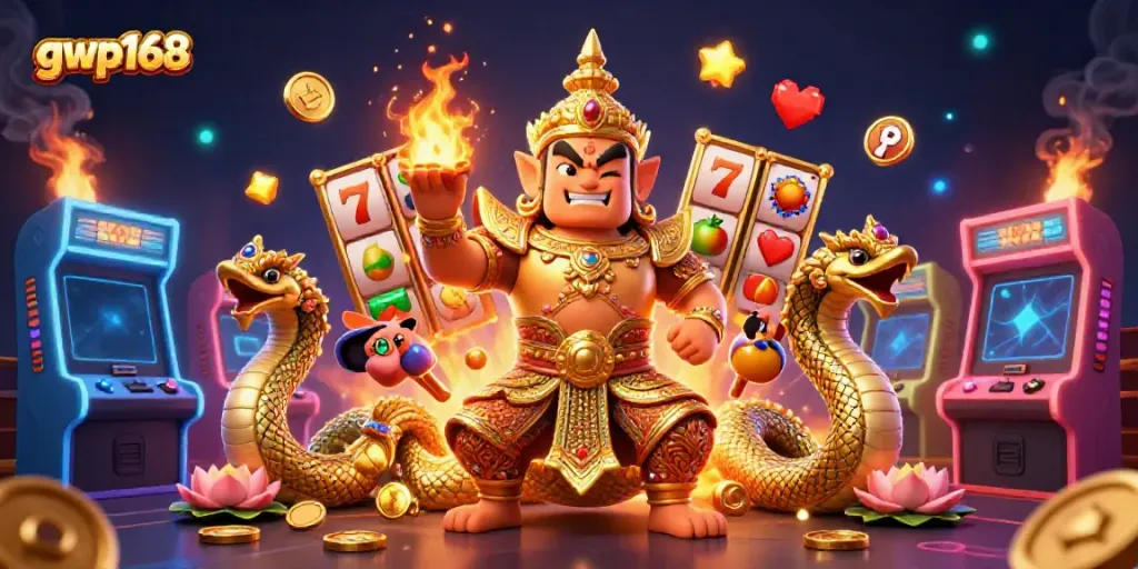 Ikonik permainan slot di gwp168 dengan penjaga kuil dan naga berskala emas.
