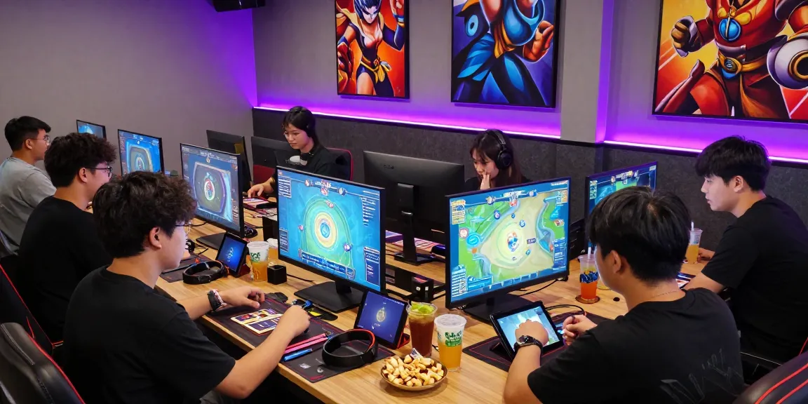 Engaging scene of friends playing game bài đổi thưởng online with vibrant lighting and modern tech.