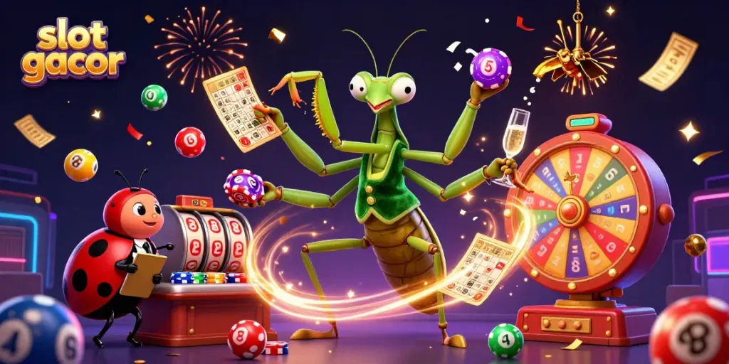 Ilustrasi 3D slot gacor dengan karakter kartun unik bertema kasino.