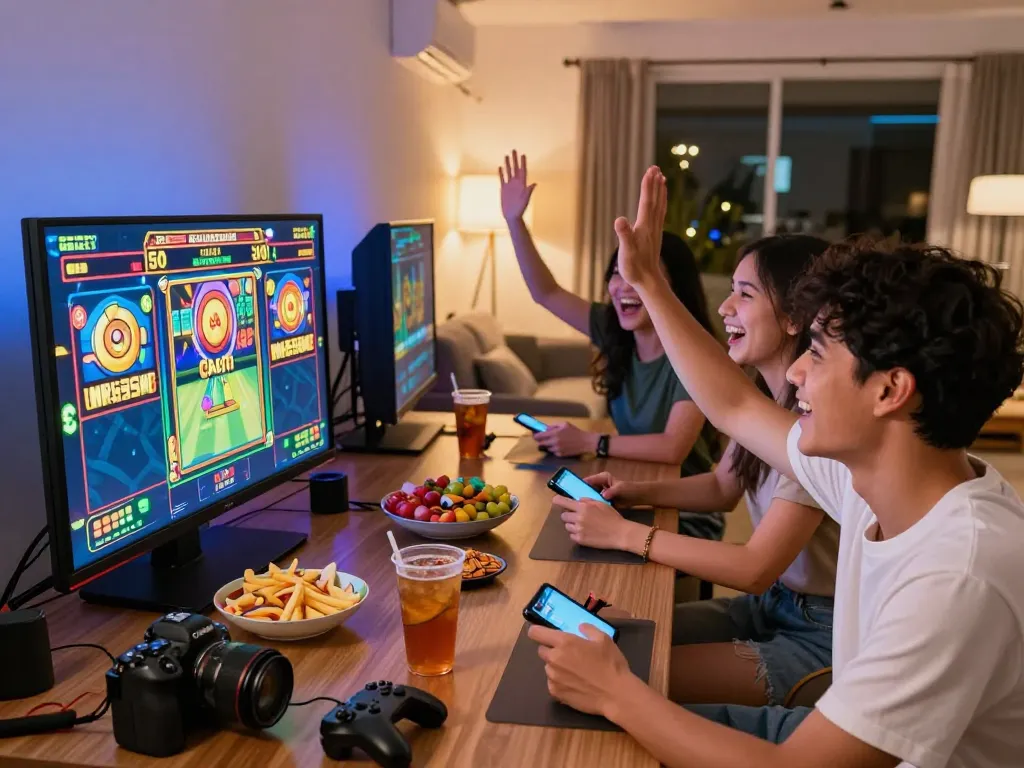 Exciting game night with friends engaging in link gacor slot games, festive atmosphere.