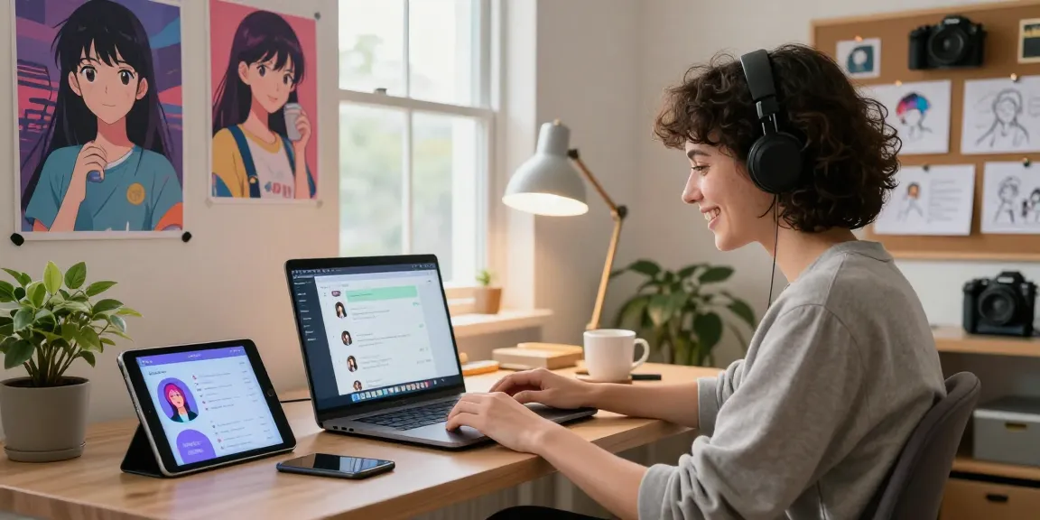 Engaging with an AI girlfriend in a cozy home office, showcasing personalized chat interface and vibrant surroundings.