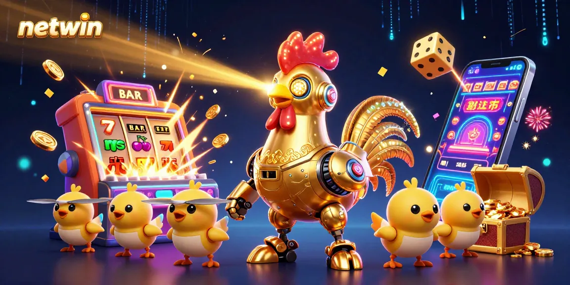Netwin showcases a futuristic scene with a golden rooster robot engaging slot machines and vibrant game elements.