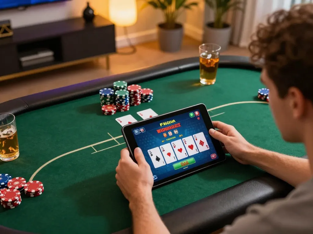 Engaging online poker gameplay with tr88 link displayed on tablet, showcasing strategic decision-making in a cozy home setting.