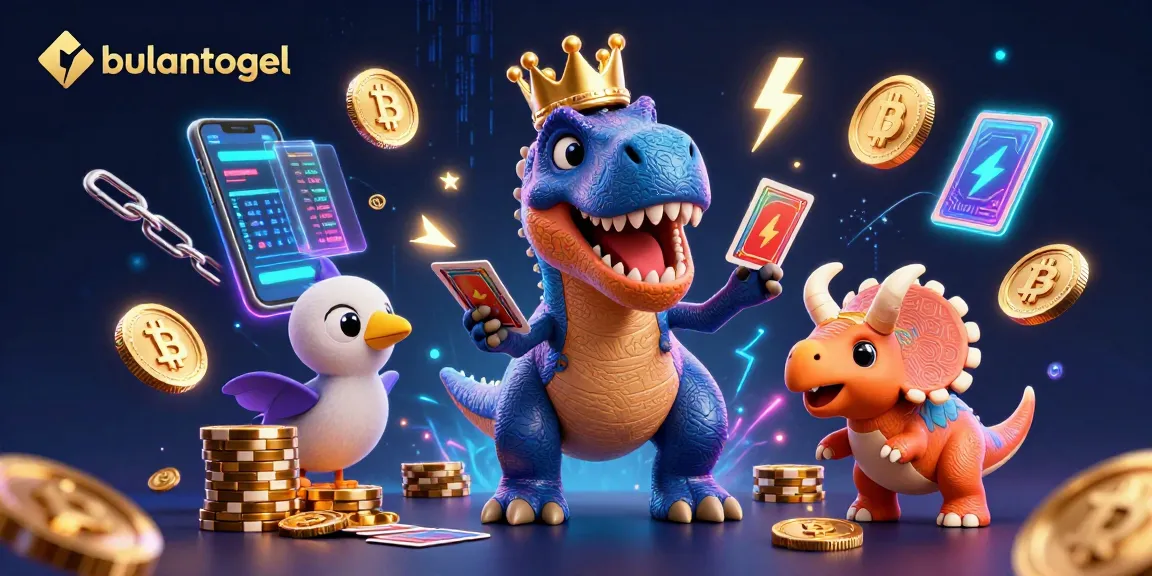 Bulantogel memperlihatkan T-Rex bergaya 3D mengocok kartu sambil dibantu pterodactyl dan triceratops menumpuk chip.