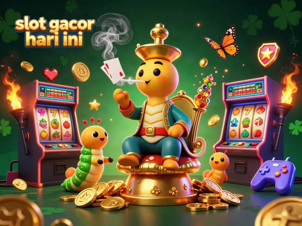 Ilustrasi 3D slot gacor hari ini menunjukkan raja caterpillar di tahta emas dikelilingi mesin slot berwarna cerah.