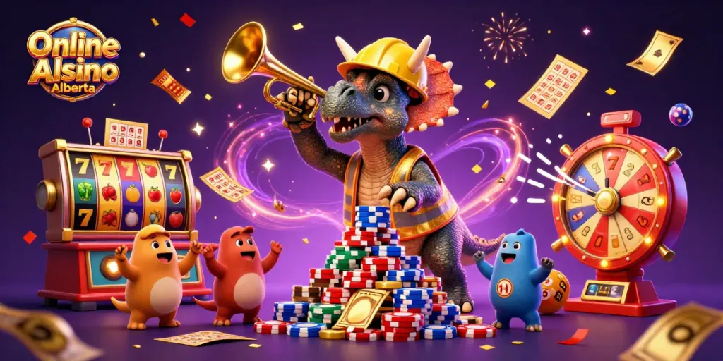 Engage in vibrant scenes at Online Casino Alberta with 3D casino characters amidst exciting game elements.