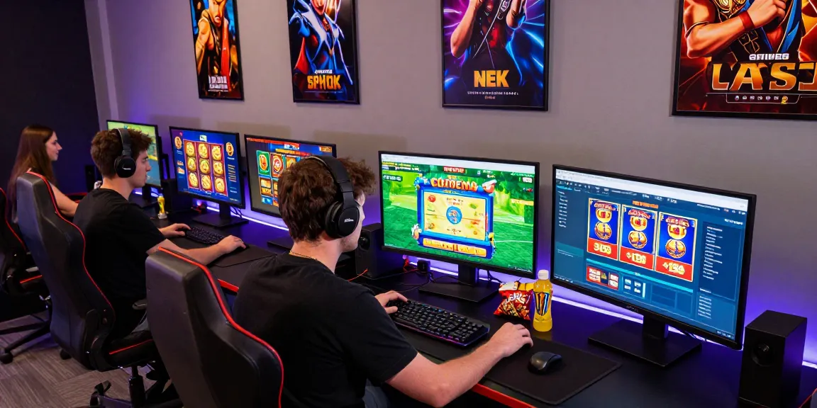 Engaged user exploring non UK casino games on multiple displays, colorful gaming atmosphere