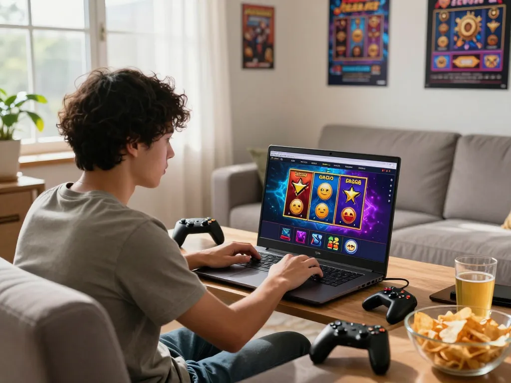 Engaging gamer exploring slot gacor games on Zeus138 website in a cozy living room