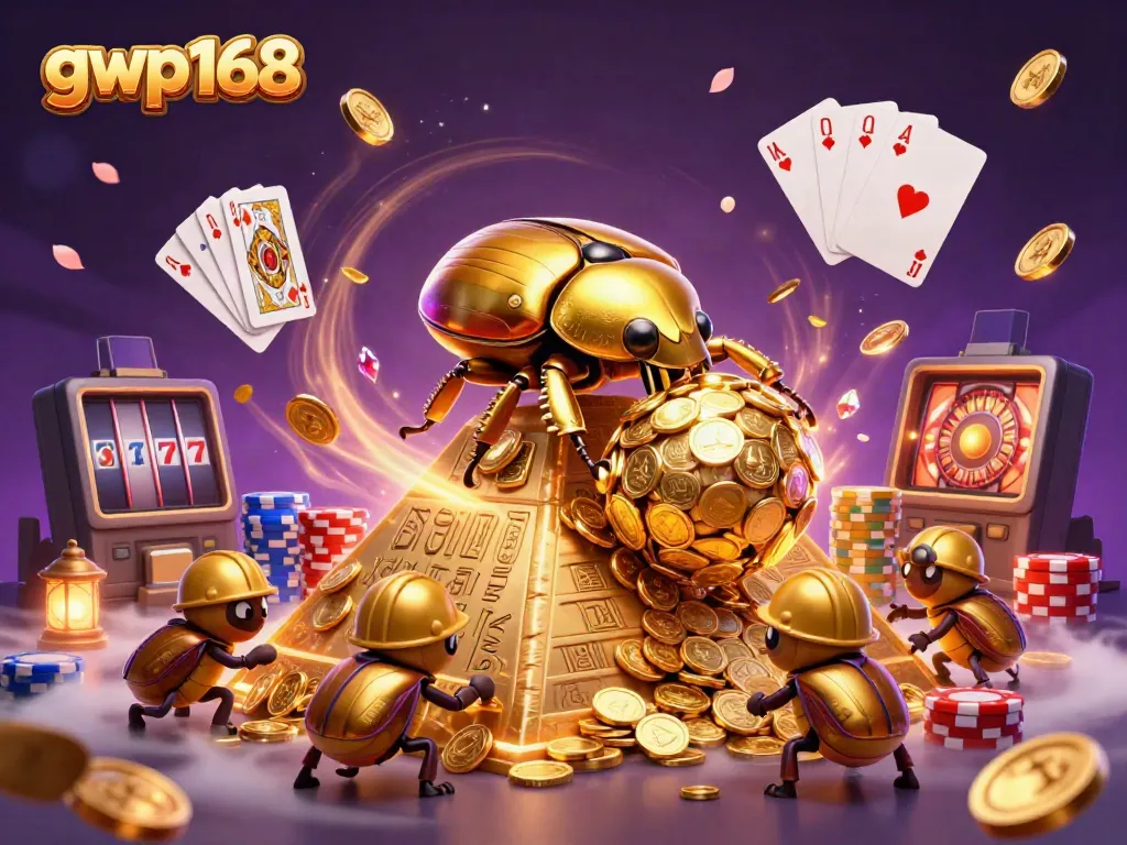 Menggulung koin emas di GWP168 dengan simbol kasino, ilustrasi 3D yang megah.