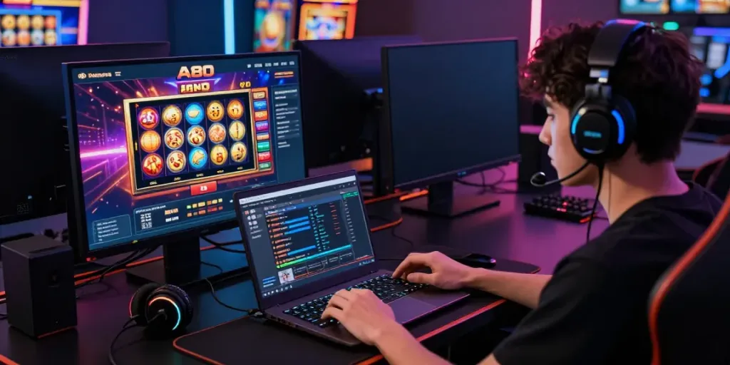 A80 slot information platform interface displayed on a laptop in an engaging online gaming setup.
