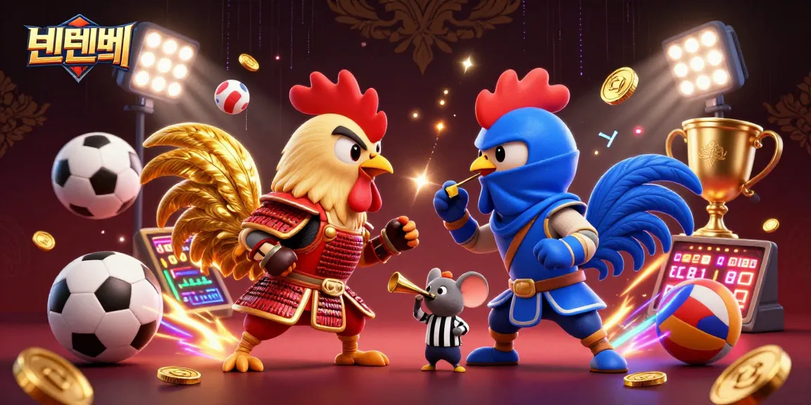 Engage in thrilling bets with 텐텐벳 as cartoon roosters battle in a vibrant casino scene.