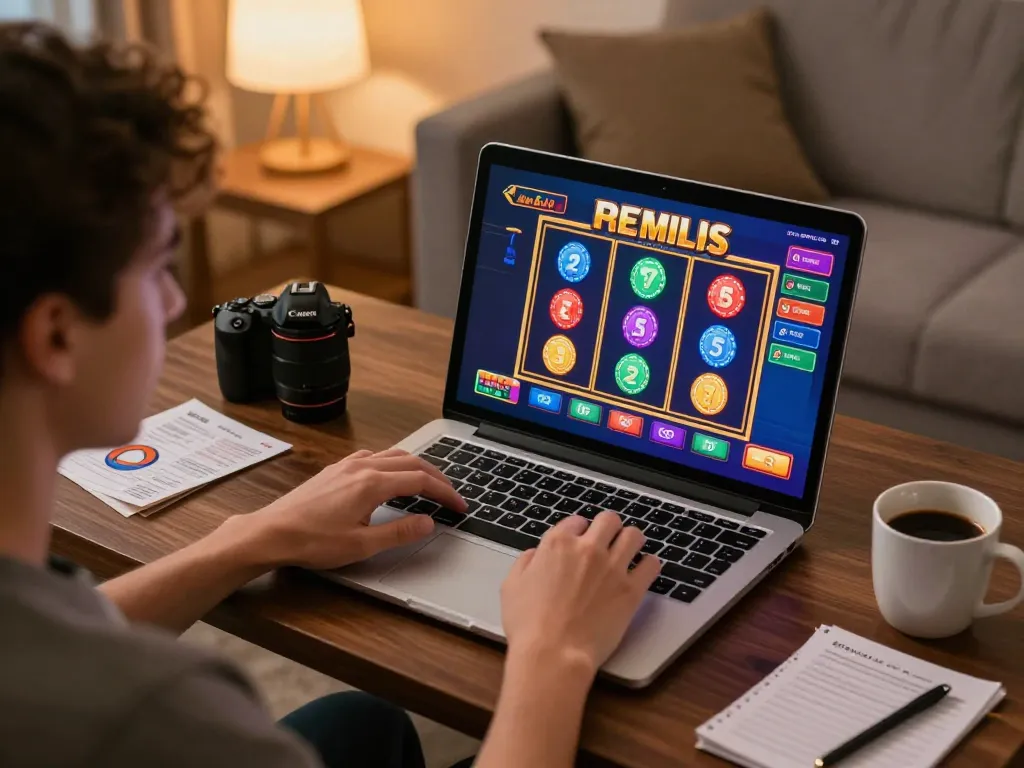 A user engaging in online slots gameplay on a laptop, reflecting the casinosscope of interactive gaming experience from home.