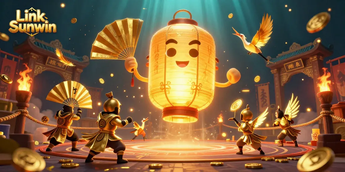 Win big with Link Sunwin at the vibrant night market casino featuring golden lantern and warriors!