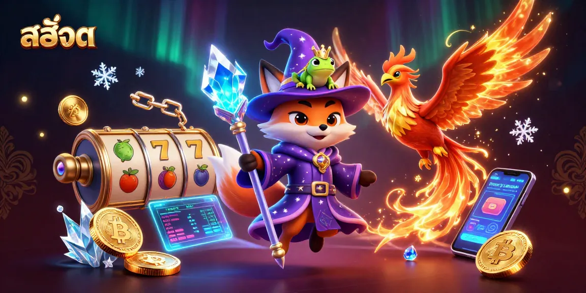Engage in exciting สล็อต play with a mystical wizard fox, phoenix, and enchanted frog in a vibrant scene.