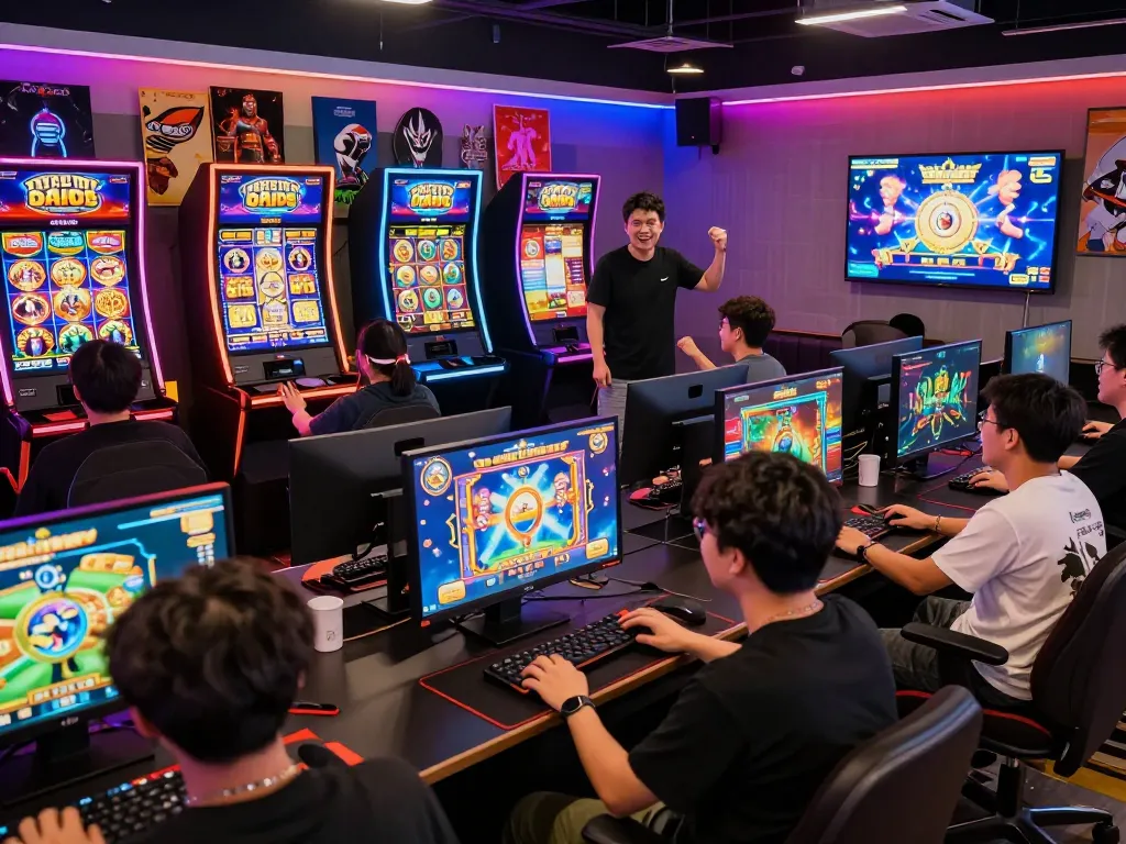 Suasana permainan yang menarik menyoroti pemain yang terlibat dengan permainan slot gacor di lounge yang vibrant.