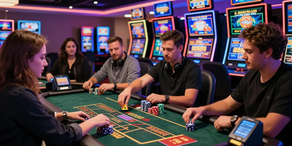 Thrilling gaming scene at credit card casinos, showcasing players in action with vibrant slot machines and live dealer games.