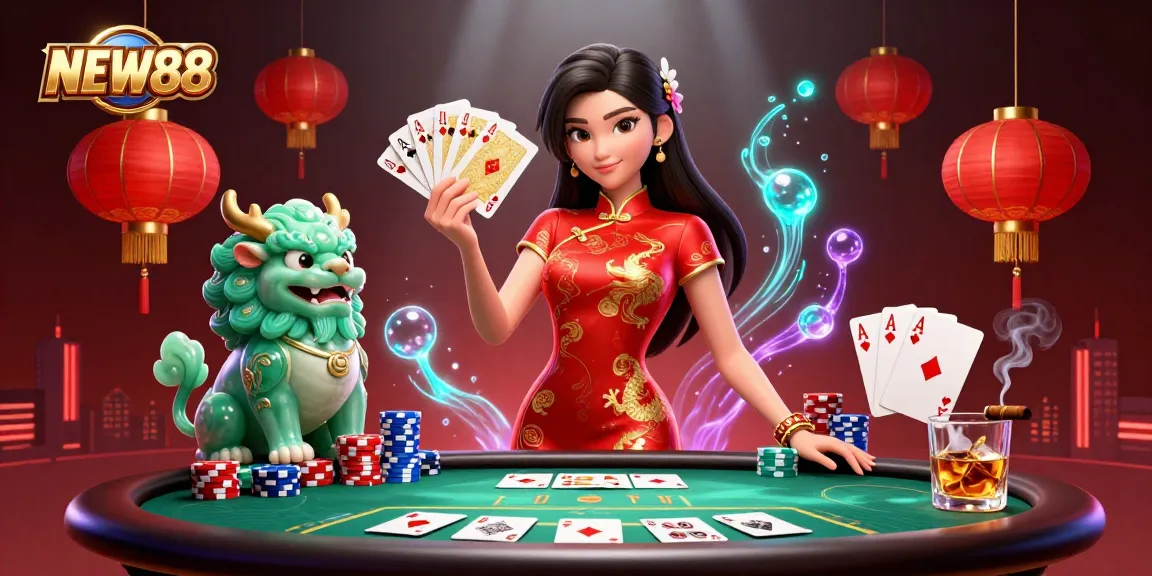 Experience the vibrant world of NEW88 with dynamic casino elements and an elegant woman in traditional attire.