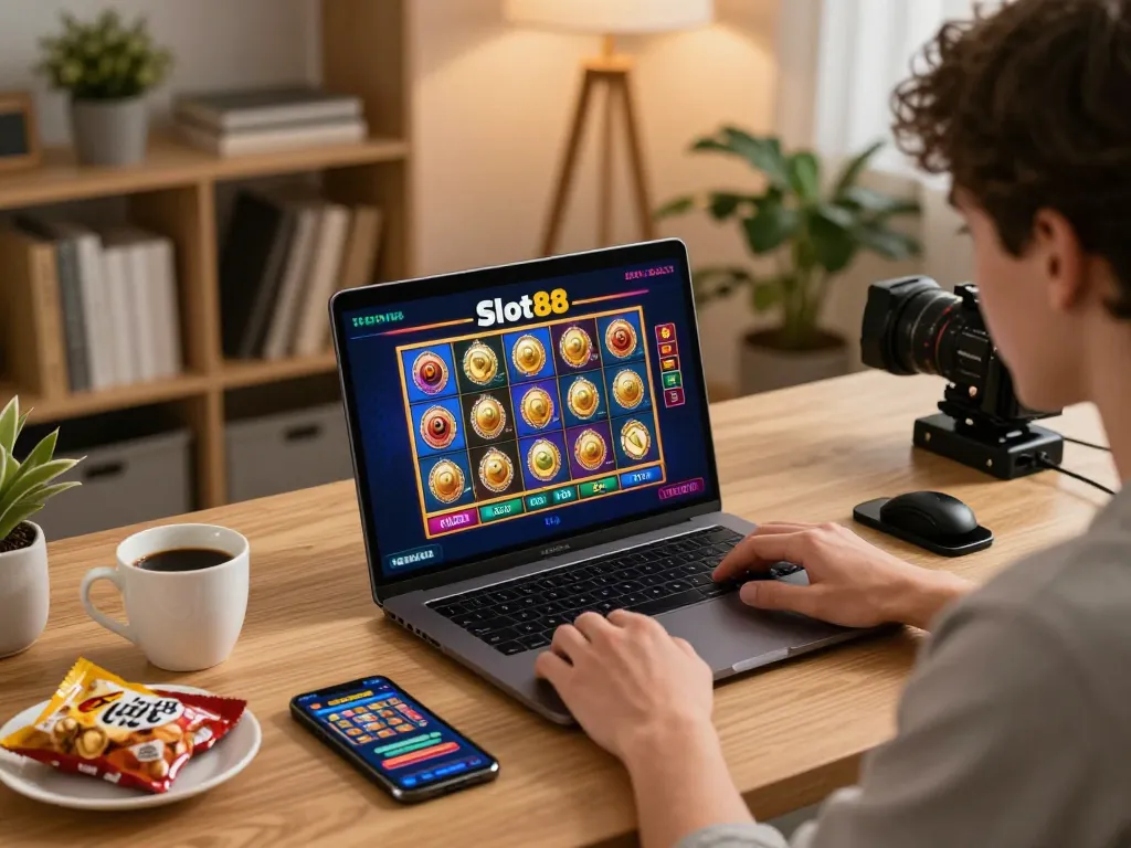 Engaging in Slot88 gameplay on a laptop at home with snacks and warm lighting.
