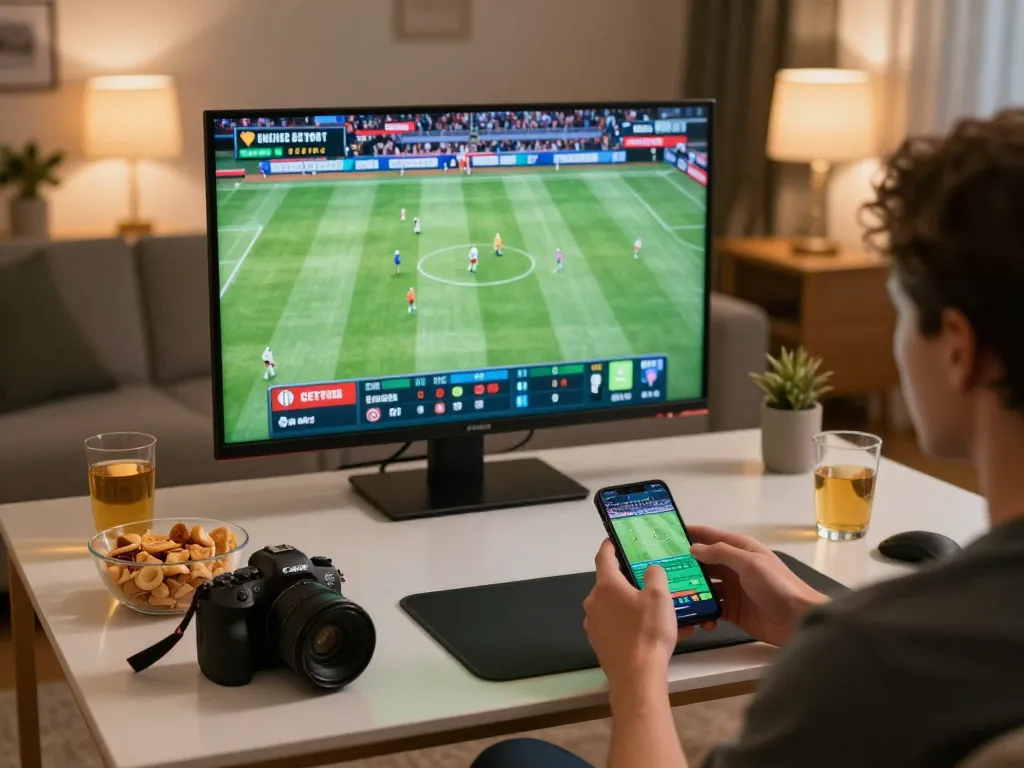 Engaging moment of a player using hm88 for online sports betting while watching a live match on television.