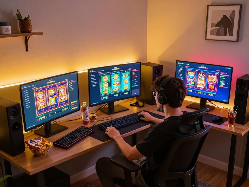 Engaged player enjoying a thrilling toto slot game on multiple screens during an evening gaming session