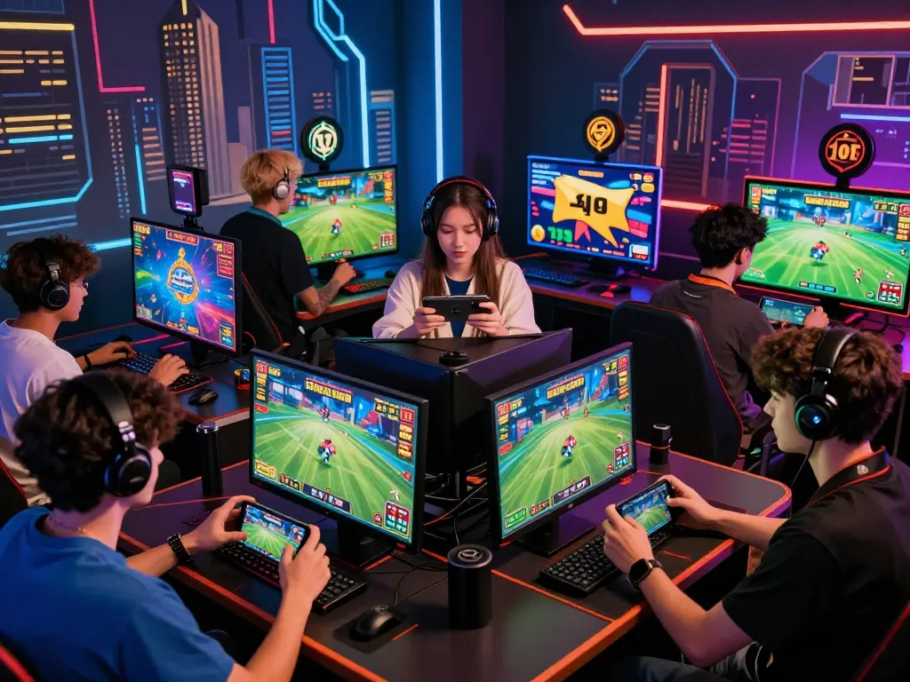 Gen Z players enjoying interactive games at nk88 online betting platform, showcasing vibrant gaming atmosphere and digital graphics.