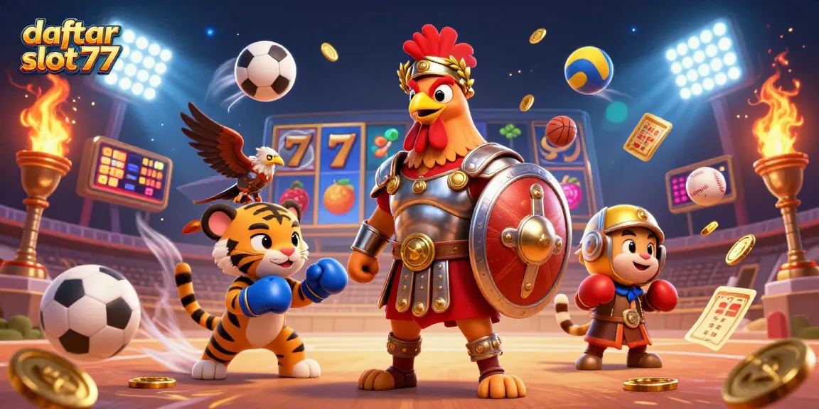 Experience daftar slot777 adventure with 3D gladiator rooster, dynamic slot game elements, and colorful visuals.