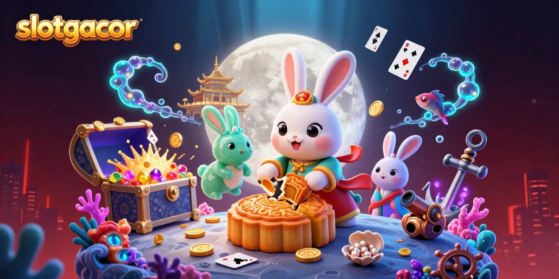 Experience the thrill of winning with slotgacor, highlighting a vibrant scene filled with poker chips and moon rabbits.