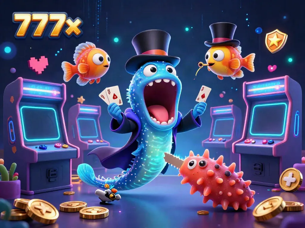 Experience the magic of 777x with a dazzling underwater casino scene featuring cartoon characters engaged in card tricks.