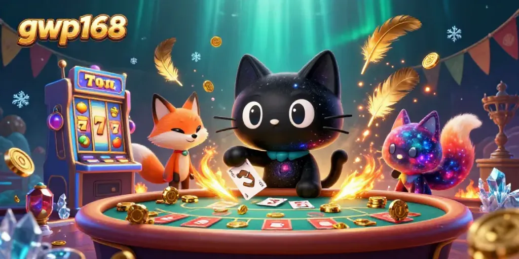 Menghadirkan pengalaman bermain di gwp168 dengan kucing hitam 3D dan simbol mesin slot yang dinamis.