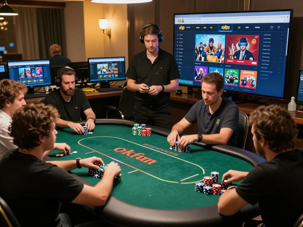 Engaging moment at okfun com online poker table with players and a dealer.