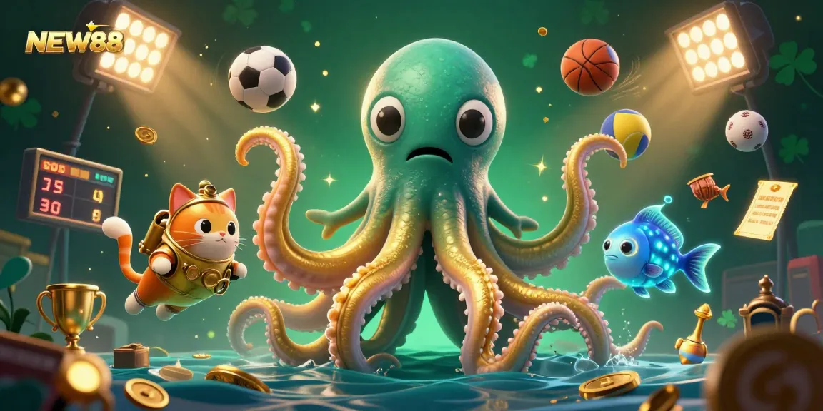 Experience thrilling action at NEW88, featuring a kraken, diving cat, and vibrant sports elements.