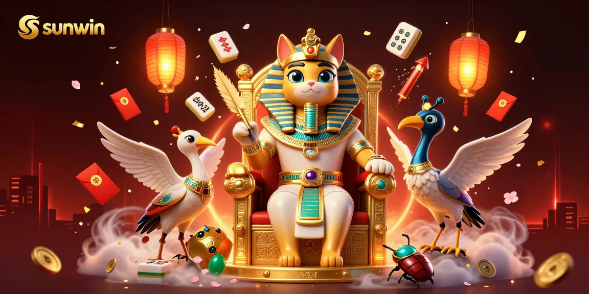 Experience thrilling wins at sunwin with vibrant casino-themed illustration featuring a regal pharaoh cat.