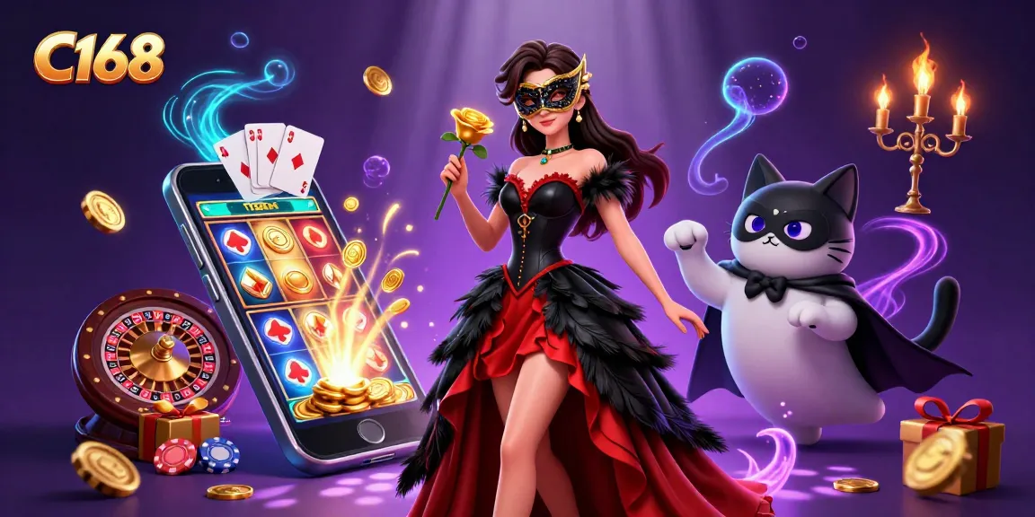 C168 captivates with a vibrant casino scene featuring a glamorous woman and dynamic gaming action.