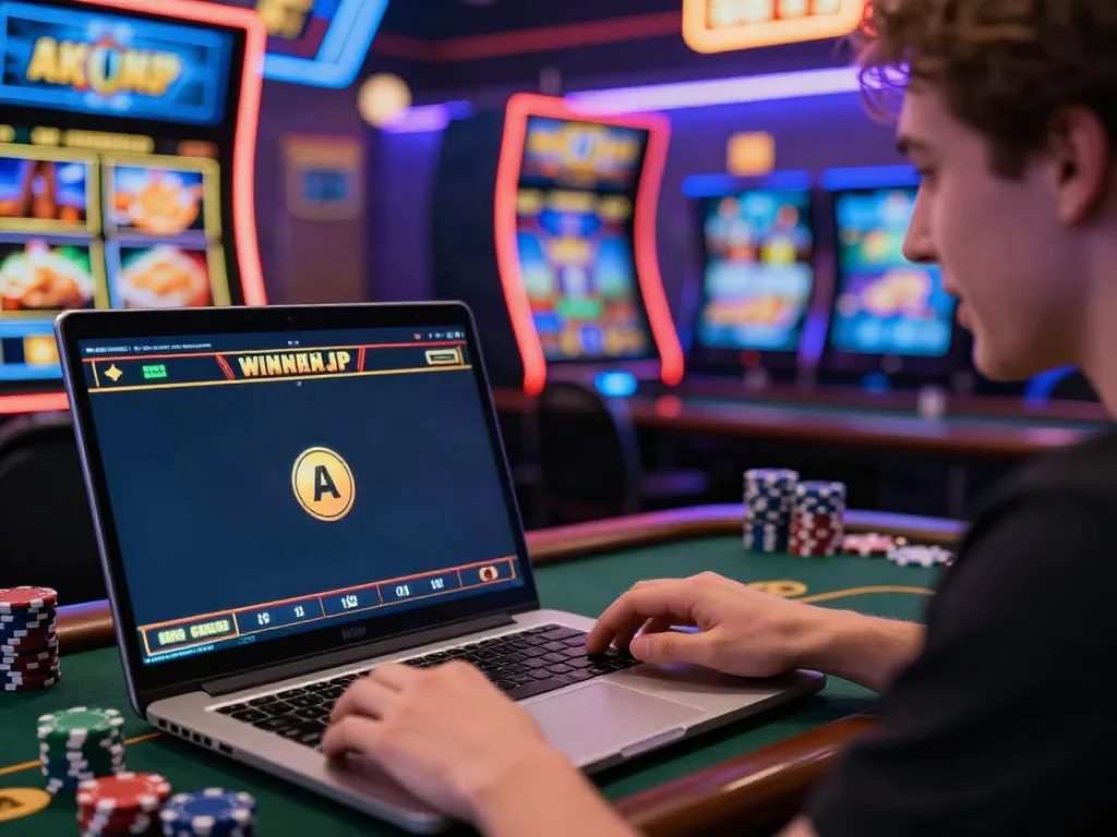 A player focused on akunjp slots with vibrant gaming screens and casino lights.