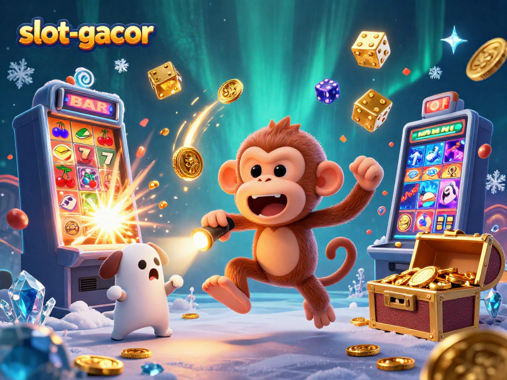 Experience exciting wins with slot-gacor as a playful ghost-hunter tracks a lucky monkey in a bustling casino.