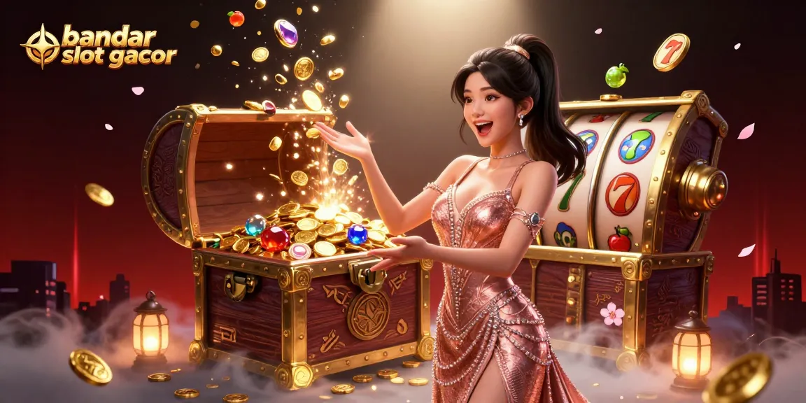 Open treasure chest overflowing with golden coins and gems at bandar slot gacor.