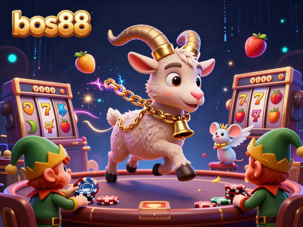 Bos88 showcases a vibrant 3D casino scene with a playful Krampus, angel mouse, and elf gremlins stealing poker chips.